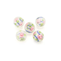 Bead, Lampwork Glass, 12mm Round White Center with  Rose Pattern - Blue Swirl (Hole Size 3mm)