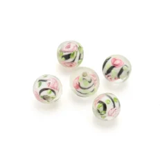 Bead, Lampwork Glass, 12mm Round White Center with  Rose Pattern - Black Swirl (Hole Size 3mm)