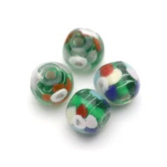 Bead, Lampwork Glass, 12mm Round with Flower Face in Green/Brown (Hole Size 2.7mm)