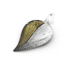 Pendant, Lampwork Glass Handmade in Leaf Shape with Multi Colors and Goldfoil, 84x42mm - Jet/Whie/Grey (Hole Size 6mm) Made In Japan