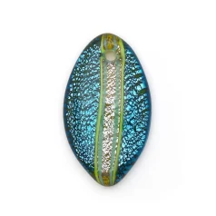 Pendant, Lampwork Glass with Silverfoil, 58x36mm Oval - Blue Aqua/Yellow/Green. Made in Japan (Hole Size 4mm)
