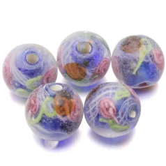Blue Lampwork Glass beads, 12mm Round with Rose Flower  (Hole Size 2.7mm)