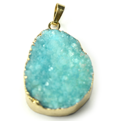 Pendant, Druzy Agate Natural, Turquoise color with Sterling Silver Gold Finish - approx. 40x28mm