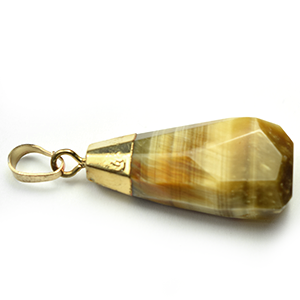 Pendant, Tiger Eye Gemstone, Hand Cut, 15x33mm with Gold Plated Top and Bail