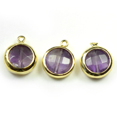 Pendant, Amethyst Gemstone, 10mm Round with Gold plated bezel