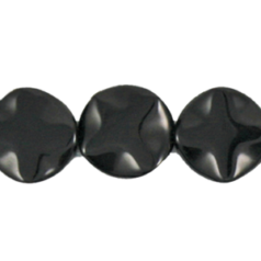 Bead, Black Porcelain is Ceramic Material made Stone, 16mm Flat Disc Wave. Sold per 16-inch Strand