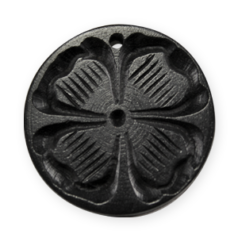 Bead, Ebony Wood 28mm Round Drop with Four Leaf Clover design - Black