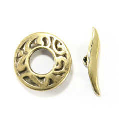 Toggle Clasp, B&B Benbassat Pewter 17mm Round Pattern - Antique Brass Finish