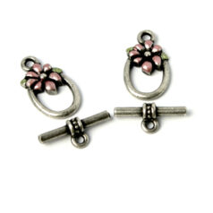 Toggle Clasp, Pewter 14.8x11mm Oval Green Leaf with Pink Daisy