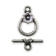 Toggle Clasp, Pewter 12mm Round with Blue Flower