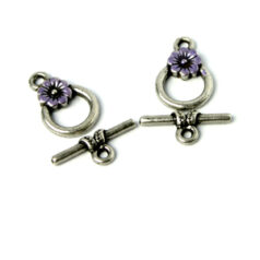 Toggle Clasp, Pewter 12mm Round with Purple Flower