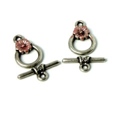 Toggle Clasp, Pewter 12mm Round with Red Flower