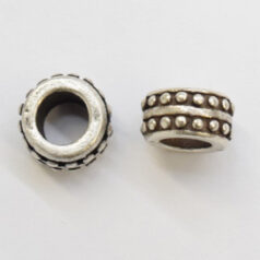 Bead, Pewter in Antique Silver Finsih with two rows of bead bumps.  Size 10.6x6mm.  Hole size 6mm