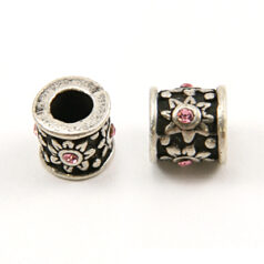 Bead, Pewter with Crystal in Bead, 8x8mm with Pink Crystal