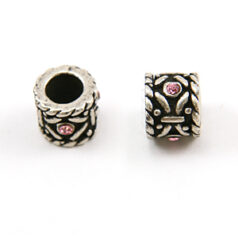 Bead, Pewter with Crystal in Bead,8x6mm with Pink Crystal