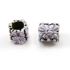 Bead, Pewter Tube with intricate flower design in Blue Color, 8x7.5mm