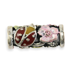 Bead, Pewter Tube with intricate flower design in Pink/Burgundy with crystal, 18x8mm