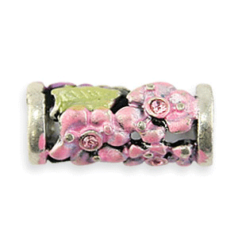Bead, Pewter Tube with intricate flower design in Pink/Green with crystal, 18x8mm