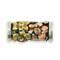 Bead, Pewter Tube with intricate flower design in Yellow/Orange with crystal Bead, 18x8mm