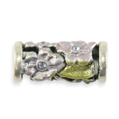 Bead, Pewter Tube with intricate flower design with crystal Bead,18x8mm
