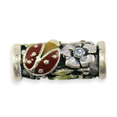 Bead, Pewter Tube with intricate flower design with crystal Bead, 18x8mm