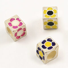 Bead, Pewter 6.5x6.5mm Cube with Flower Design and various colors