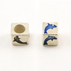 Bead, Pewter 6.5x6,5mm Cube with Dolphin Design