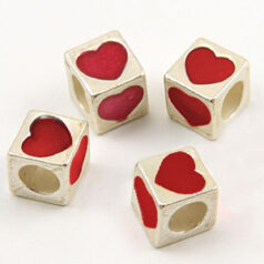 Bead, Pewter 6.5x6.5mm Cube with a Red Heart