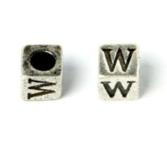 Bead, Pewter 7x7mm Cube with Alphabet Letter W