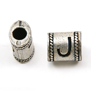 Bead, Pewter 10x6.7mm Oval Tube in Antique Pewter, Alphabet Letter J