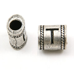 Bead, Pewter 10x6.7mm Oval Tube in Antique Pewter,  Alphabet Letter T