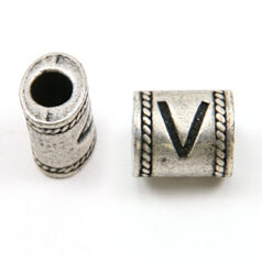 Bead, Pewter 10x6.7mm Oval Tube in Antique Pewter,  Alphabet Letter V