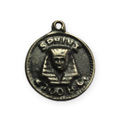Charm, Pewter Round Drop with Sphinx Design on Coin in Antique Brass