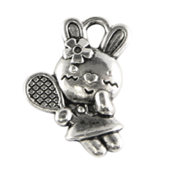 Charm, Pewter 14.5x10.5mm Rabbit holding a Tennis Racket in Antique Silver Finish
