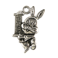 Charm, Pewter 22x13mm Bunny Rabbit holding a Chinese Scroll in Antique Silver Finish