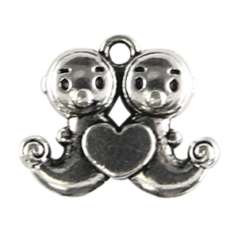Charm, Pewter 14x17mm Twin Dolphin with Heart in Antique Silver Finish