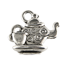 Charm, Pewter 14x15mm Tea Pot with cup in Antique Silver Finish