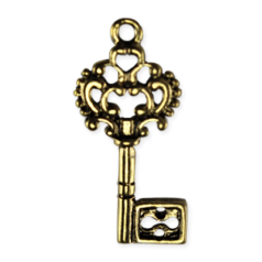 Charm, Pewter 29x13mm Key with intricate design in Antique Gold Finish