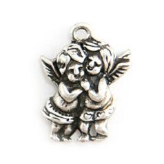 Pendant, Pewter 25x13mm Cherub Angel Boy and Girl in Antique Pewter Finish