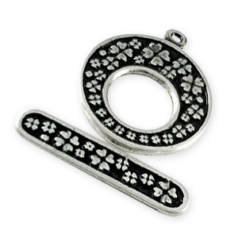 Toggle Clasp, B&B Benbassat Pewter 24mm Toggle with Clover Pattern (Bar: 29.75x 6.25mm) - Antique Silver