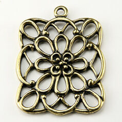 Pendant, B&B Benbassat Pewter 35x46 Rectangle Daisy Flower design with loop - Antique Brass