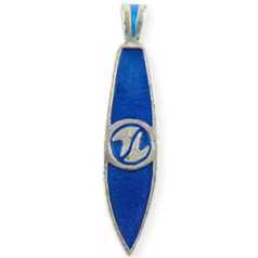 Pendant, Pewter 36x10mm Surfboard Shape with Blue Enamel Color