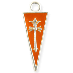 Pendant, Pewter 27x12mm Triangle Shape in Orange enamel and Cross Design
