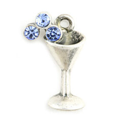 Charm, Pewter Drop 16x10mm Champagne Glass Shape with 3 Preciosa Crystals - Lt. Sapphire