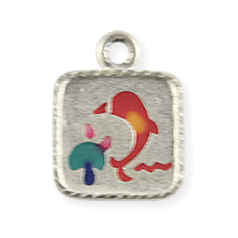 Charm, Pewter Drop 15x11mm Rectangle with Enamelled Yellow and orange Dolphin