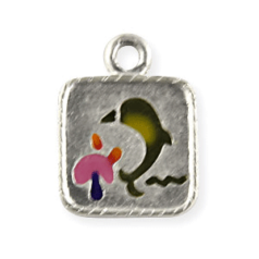 Charm, Pewter Drop 15x11mm Rectangle with Enamelled Khaki Dolphin