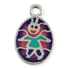 Charm, Pewter Drop 17x11mm Oval Happy Kid - Enamel Orange color