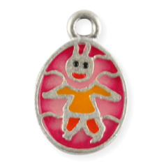 Charm, Pewter Drop 17x11mm Oval Happy Kid - Enamel Pink color