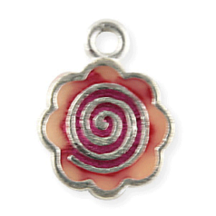 Charm, Pewter Drop 11mm Round Wave Shape with Swril Enamel Pink Color