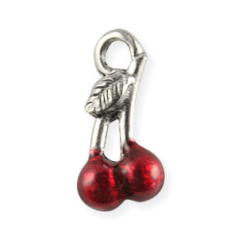 Charm, Pewter Drop 12x7mm Cherries in enamelled Red